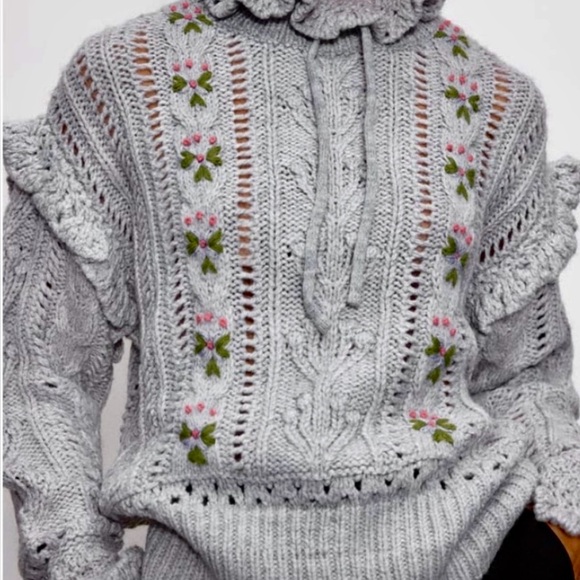 Zara Sweaters - ZARA Embroidered Gray Flowery Sweater‎ Front and Back Intricate Design Size M